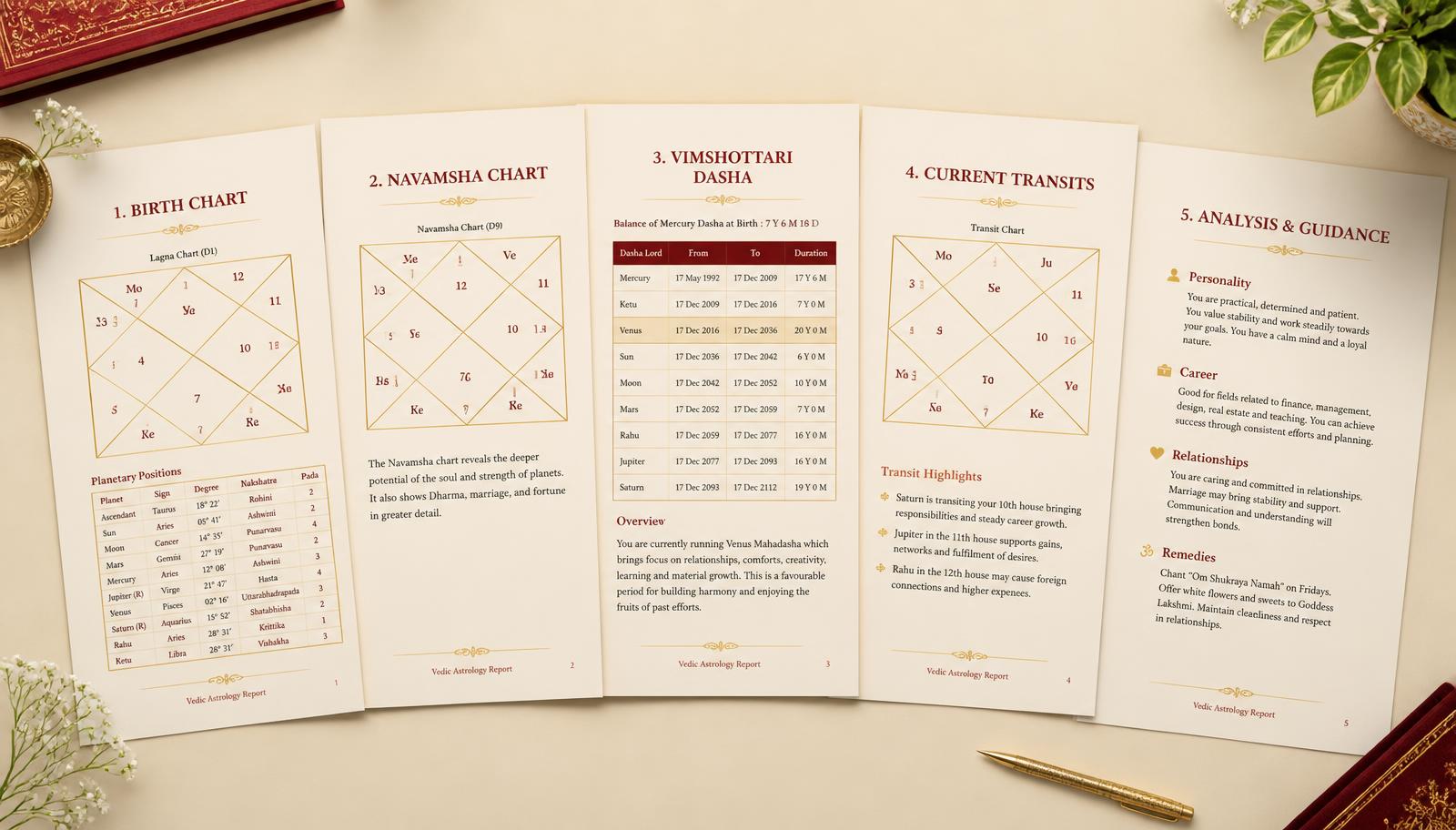 Five sample pages of the Vimshottari Dasha Life Report