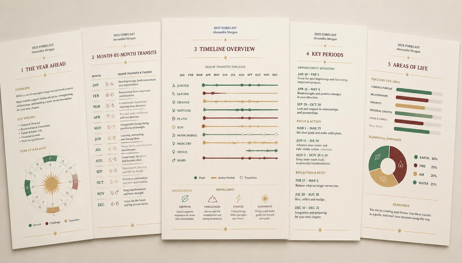 Five sample pages of the Transit + Dasha Forecast