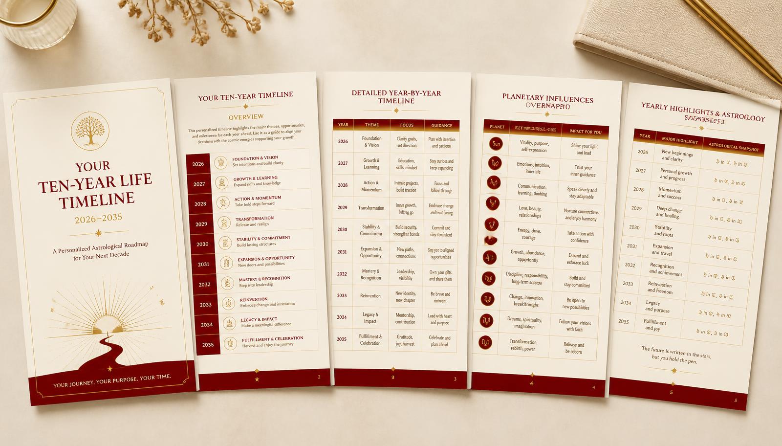 Five sample pages of the Vedic Life Timeline report